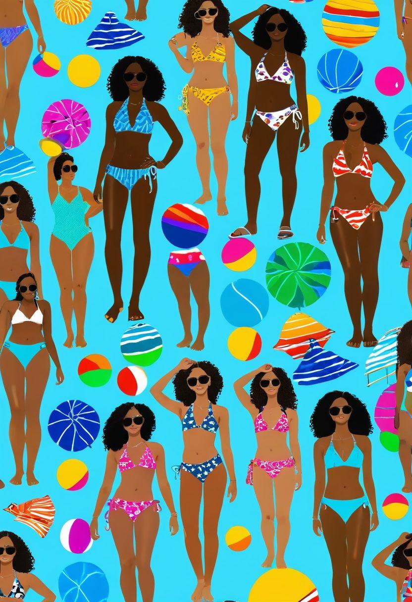 A vibrant collage of the latest bikini styles, showcasing diverse designs and colors for modern teens. Include trendy accessories like sunglasses and beach bags, with a sun-soaked beach background and playful splashes of water. Highlight various body types and ethnicities to reflect inclusivity and fun. Add playful elements like beach balls and colorful towels in the scene. vibrant colors. lively summer vibe.